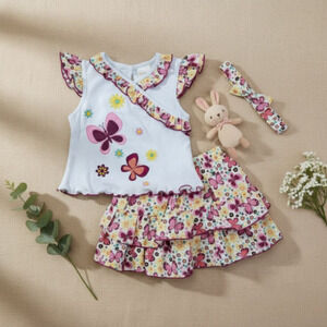 New Baby Girl Outfit set Top short Skirt Headband Size 0 to 3 months